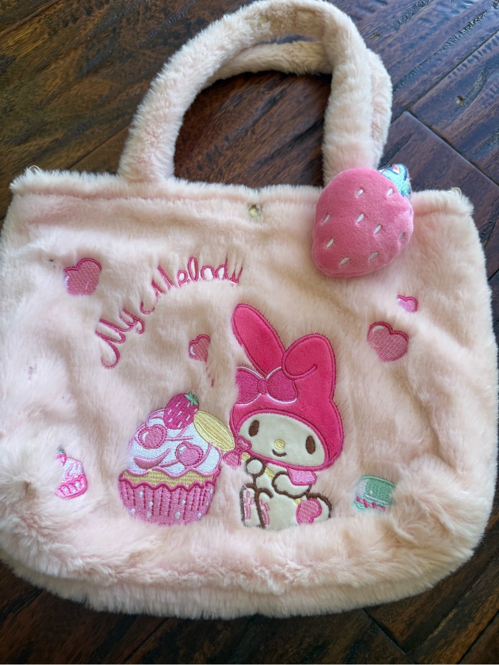 Kawaii Japan Sanrio My Melody Pink Fuzzy Tote with Strawberry Charm